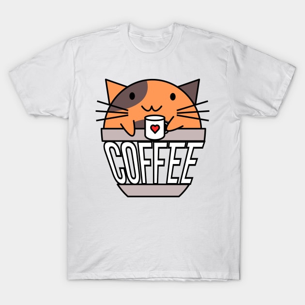 Cat in coffee cup with warped text holding coffee cup with heart orange and brown T-Shirt by coffeewithkitty